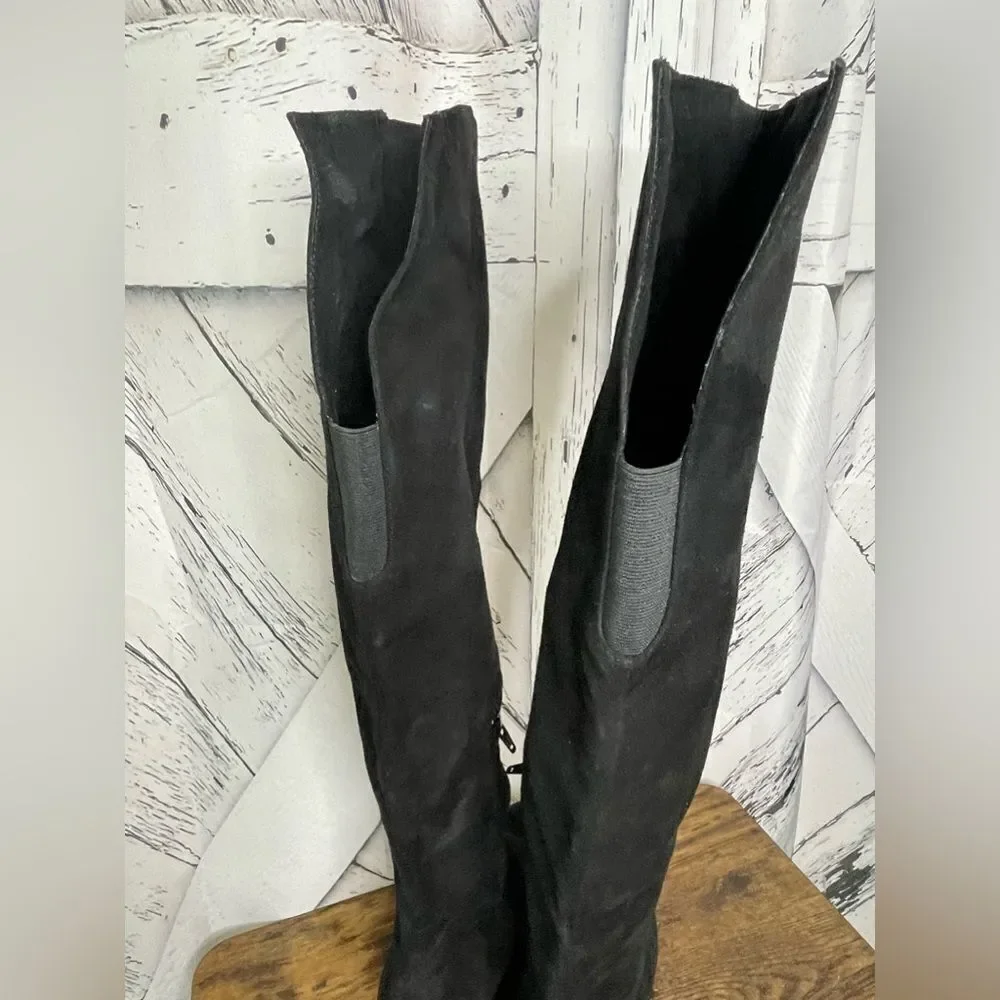 HALOGEN Scarlett Over The Knee Boots Black Suede Block Heel Back Slit 9.5
